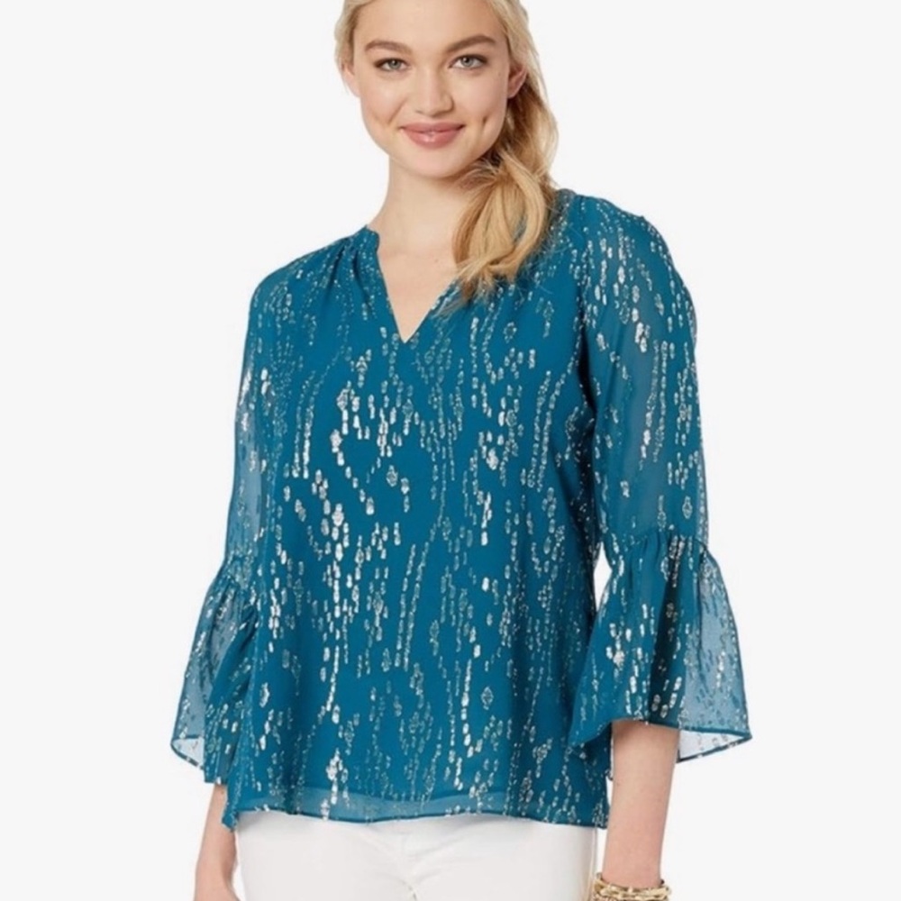 Lilly Pulitzer Teal Silk Blouse with Gold Accents